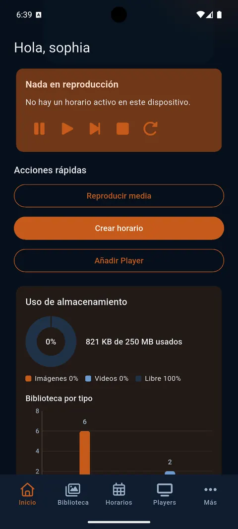 Inicio con acciones rápidas y estado de los Players