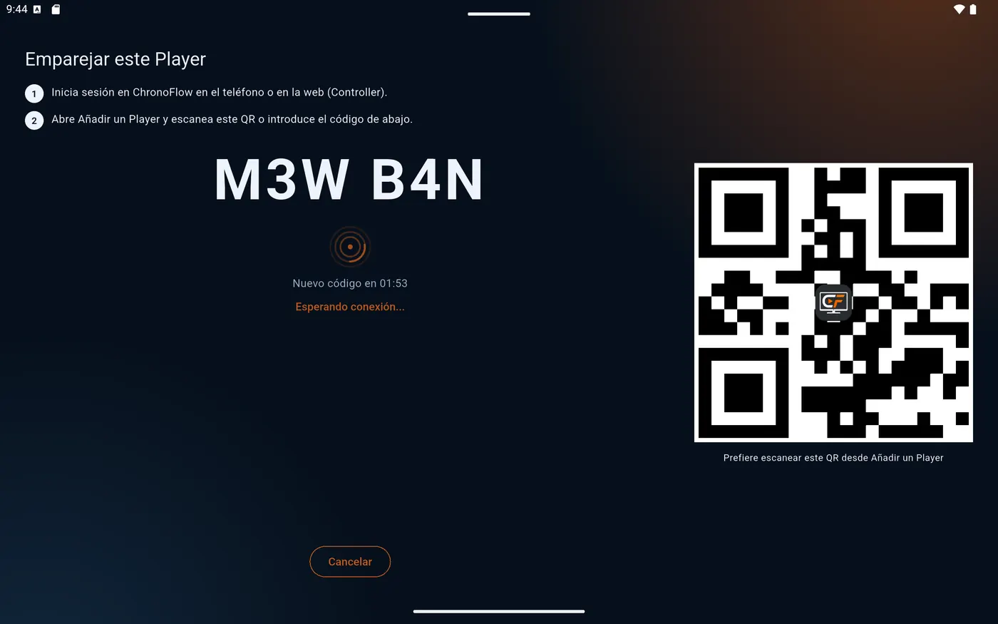 Player esperando emparejamiento con código y QR