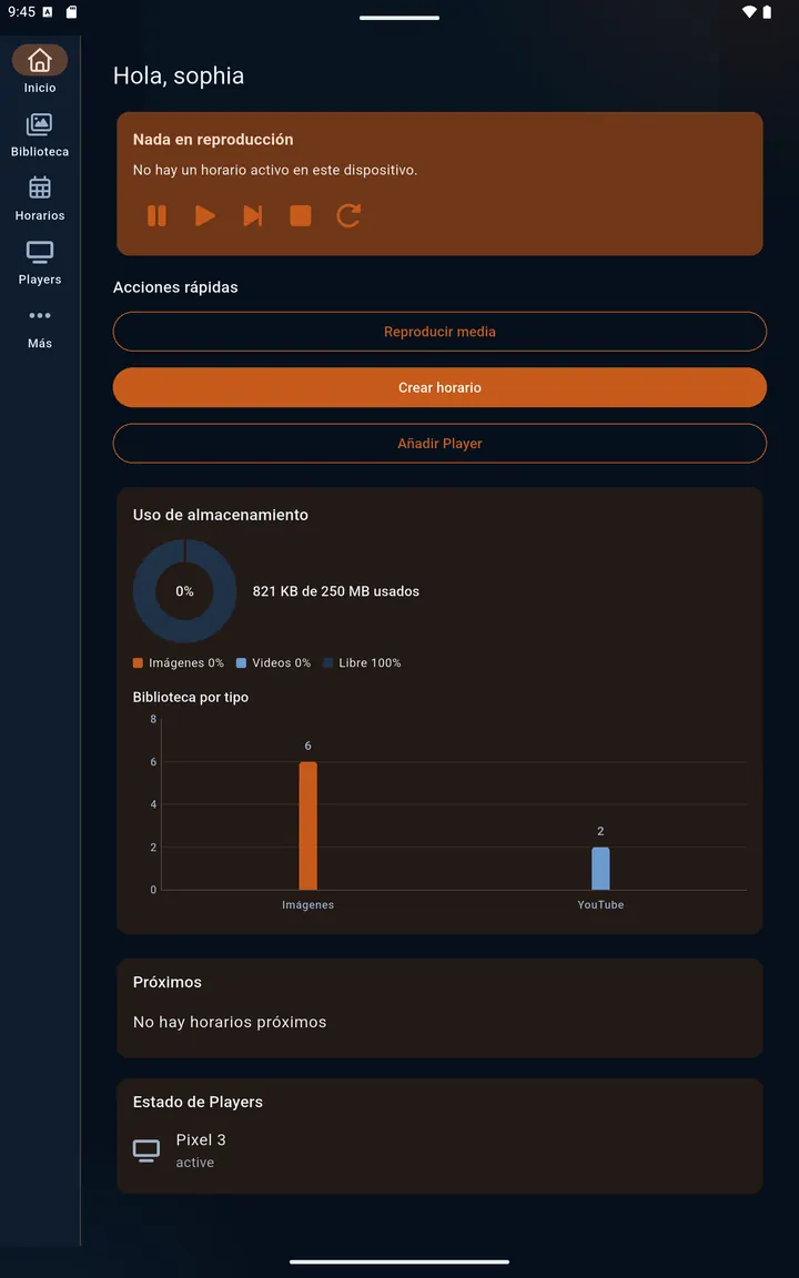 Inicio en tablet con uso de almacenamiento
